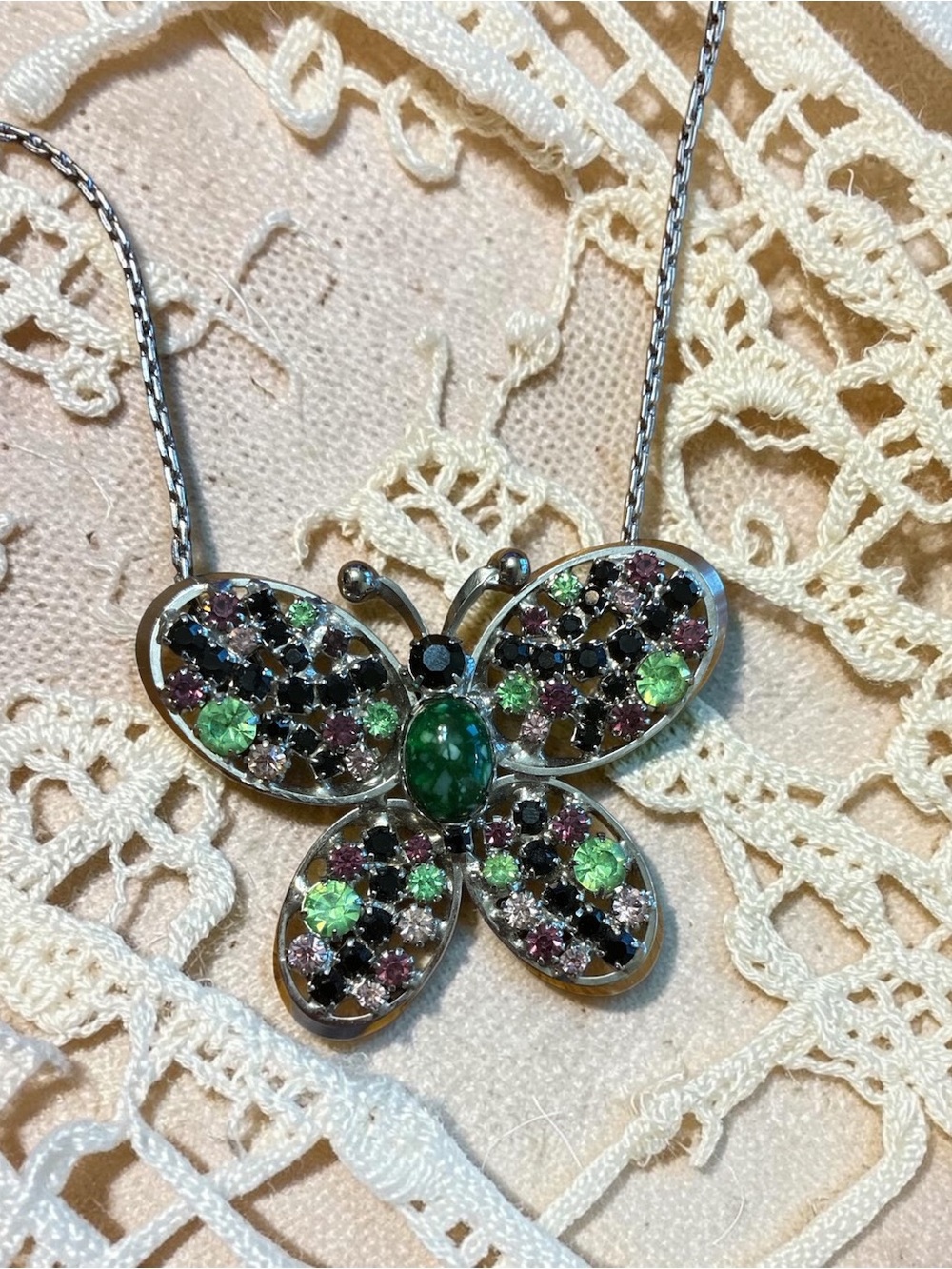 Silver Butterfly Pendant Necklace with Green and Black Rhinestones